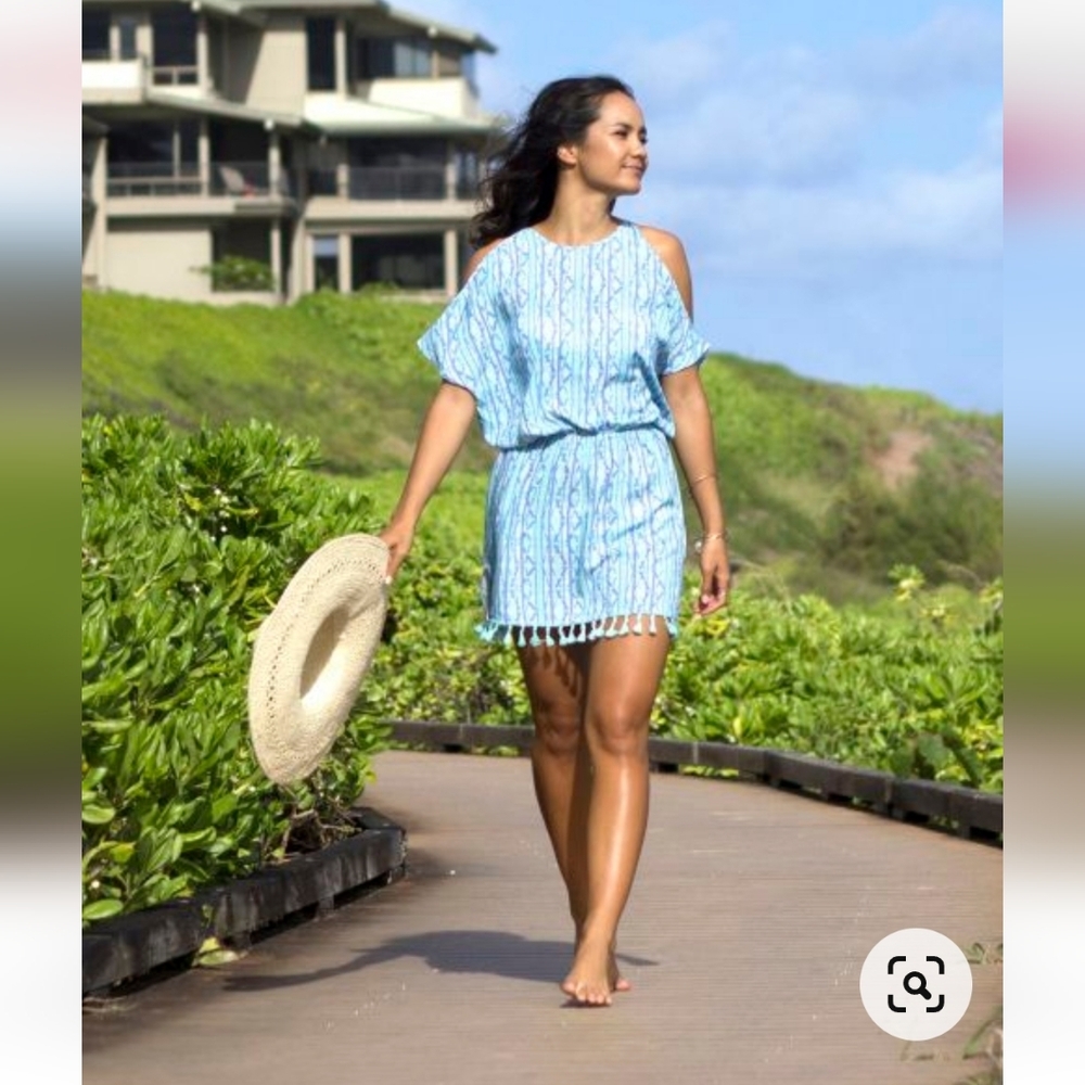 Josephine Resort large blue and green cold shoulder tassel dress